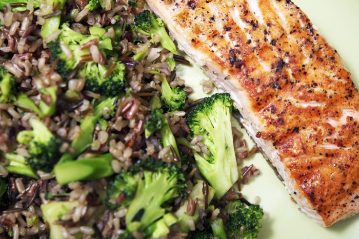 Alaskan Salmon Dinner. Wild Salmon, Rice and Broccoli.