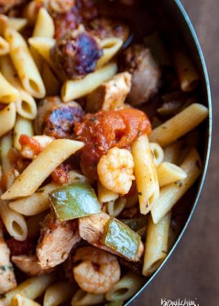 Inspired by Boston Pizza Jambalaya, this Penne Jambalaya is awesome and is a copycat of Boston Pizza's version. Shrimp, chicken, pasta, hot italian sausage, tomatoes and green peppers. What's not to love?