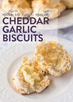 Melt in your mouth cheddar garlic biscuits. Buttery biscuits with garlic make this the perfect side dish for soup on cool fall days.