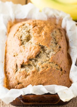 This simple banana bread recipe is an easy and delicious way to use up leftover bananas. It's a classic dessert recipe! It doesn't take much time in the kitchen to prepare either!