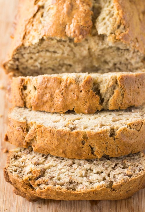 Sliced banana bread, fresh out of the oven.