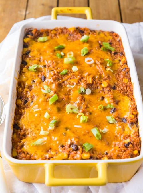 A casserole dish filled with a southwestern chicken and rice recipe