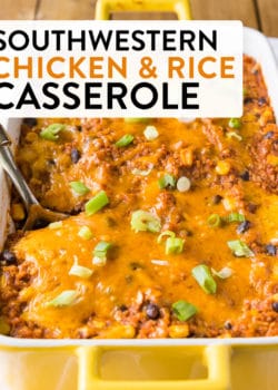 This southwestern chicken and rice casserole has a delicious mexican flavour but it's different than the typical tacos. A fun way to switch up Mexican night for dinner.