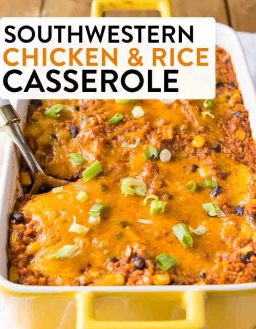 A casserole dish fill with cheesy rice, made with a tomato sauce and black beans. 
