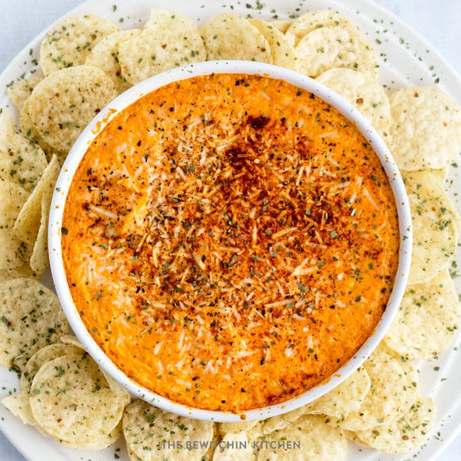 Overhead shot of buffalo chicken dip with tortilla chips