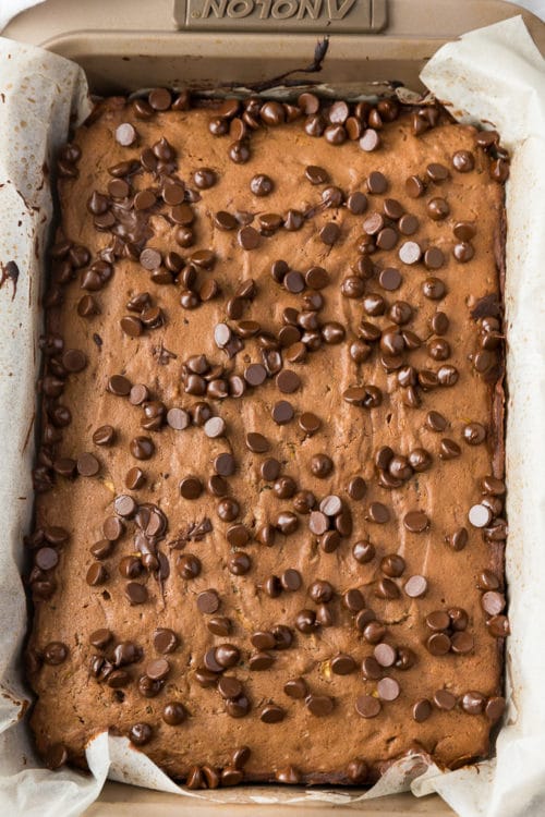 Overhead view of chocolate zucchini cake that is fresh out of the oven.