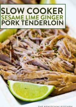 Shredded cooked pork tenderloin, garnished with lime.