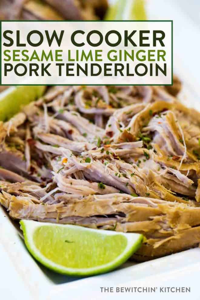 Shredded cooked pork tenderloin, garnished with lime.