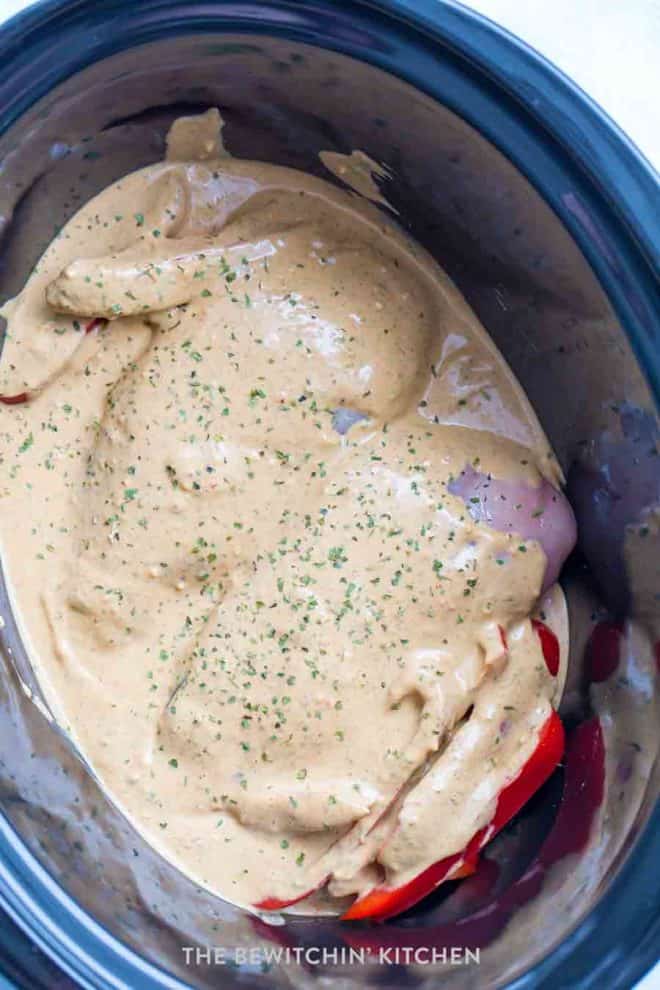 Chicken breasts with a thai peanut sauce in a Crockpot.