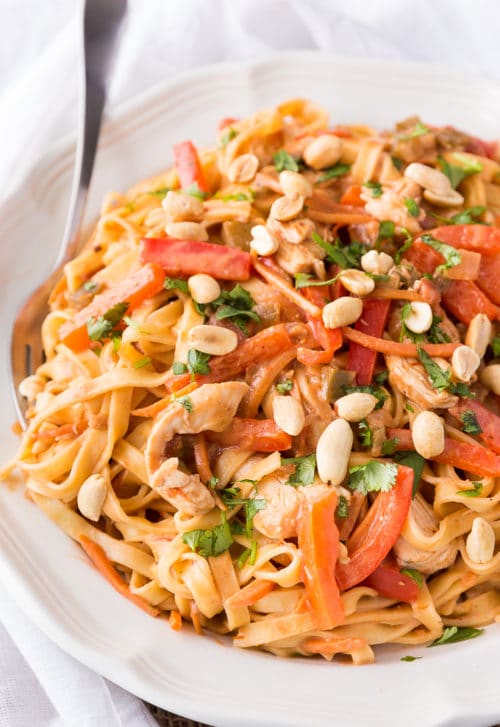 Thai Chicken Fettuccine on a plate, topped with peanuts