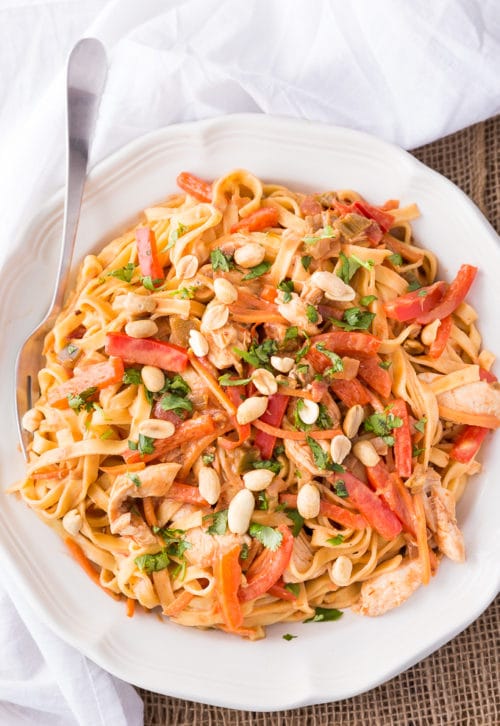 An overhead shot of thai chicken fettuccine.