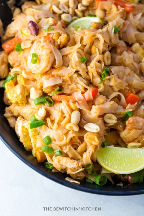 Easy Pad Thai recipe in a black matte bowl.