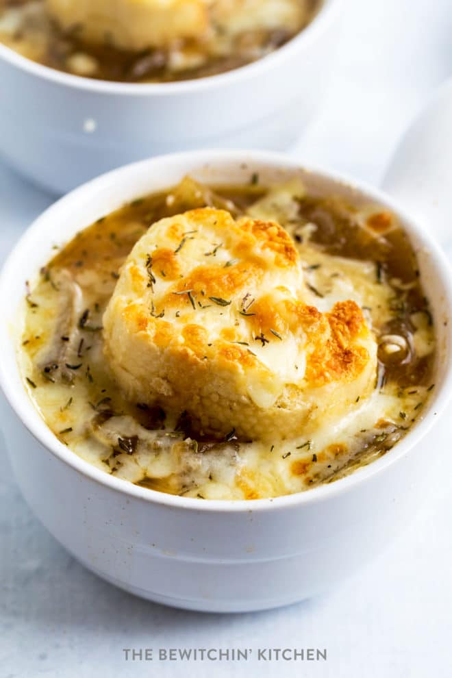 Crockpot French Onion Soup in a french onion bowl
