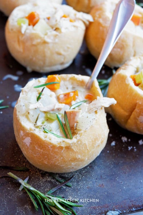 Creamy turkey stew in a bread bowl