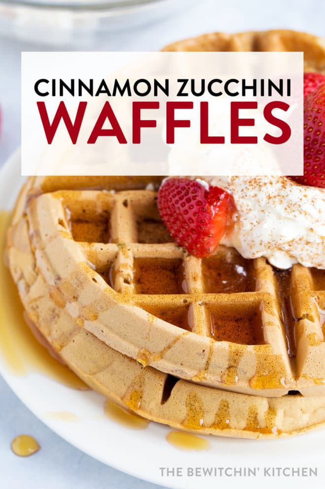 Angle shot of fluffy waffles made with cinnamon and zucchini.