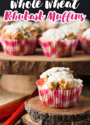 Whole wheat rhubarb muffins - these yummy muffins are the perfect spring or summer snack. Made with whole wheat flour, rhubarb, and greek yogurt. The crumb topping also features brown sugar Splenda.