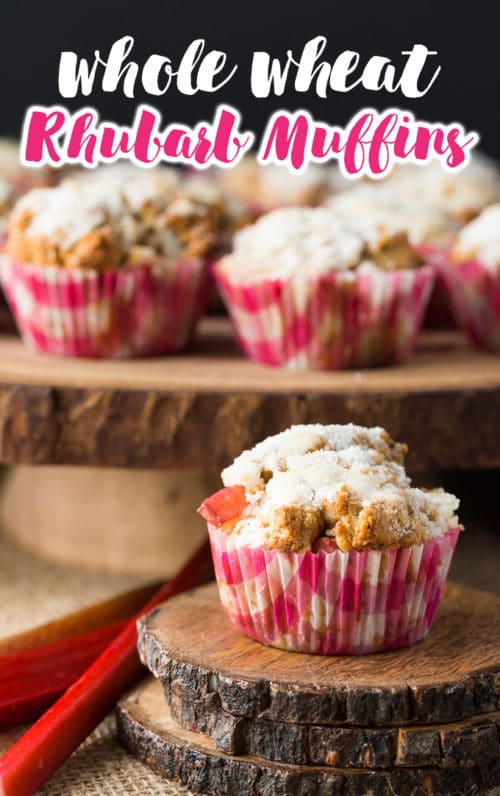 Whole wheat rhubarb muffins - these yummy muffins are the perfect spring or summer snack. Made with whole wheat flour, rhubarb, and greek yogurt. The crumb topping also features brown sugar Splenda. 