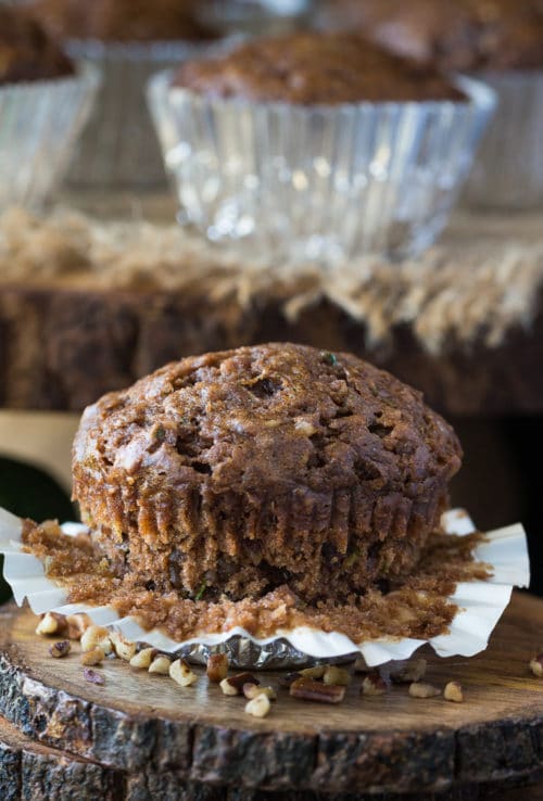 A close up of vegan chocolate zucchini muffins