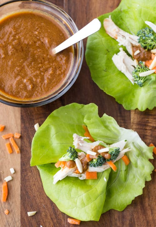 Thai Chicken Lettuce Wraps - this clean eating lettuce wraps recipe are vegan, Whole30, and paleo. It's one of my family's favorite healthy dinner recipes.