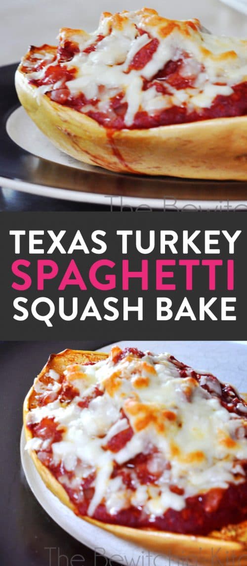 Texas Turkey Spaghetti Squash Bake. This gluten free recipe is not only a healthy dinner idea but it's delicious and man approved. Spaghetti squash recipes are a great way to sneak in some extra vegetables for your family. Take out the cheese to make it paleo.