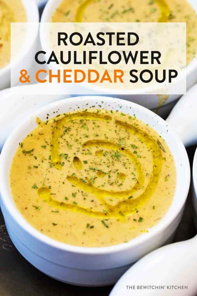 A bowl full of roasted cauliflower cheddar soup