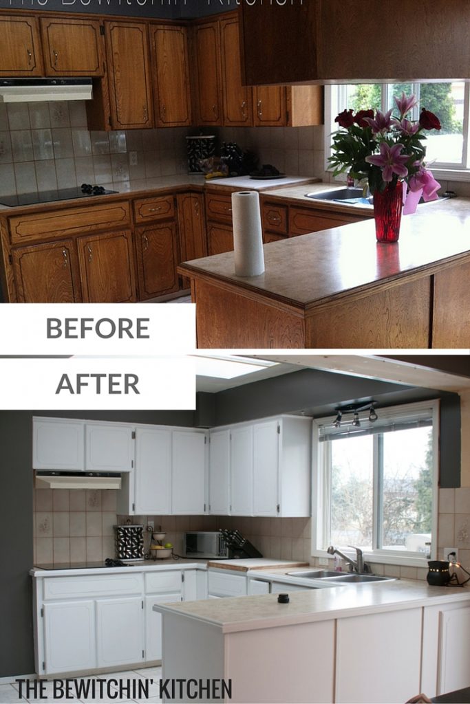 Transforming a 45 year old kitchen just by painting kitchen cabinets. This dated kitchen had old, oak cabinets that needed a little life. Products used: INSL-X Cabinet coat tinted in Benjamin Moore Chantilly Lace. Nothing like a little DIY renovation to spruce up kitchen cupboards..