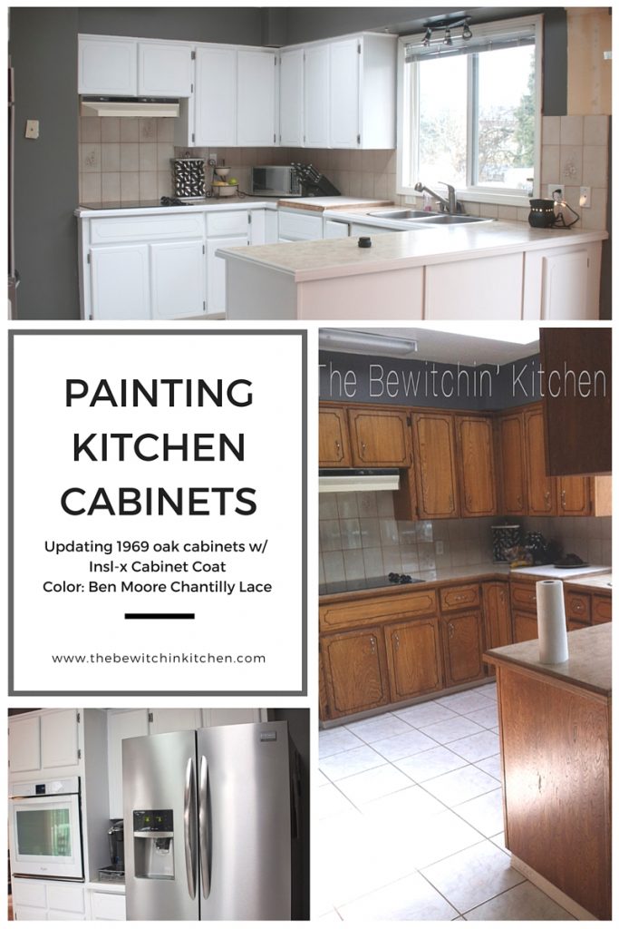 Transforming a 45 year old kitchen just by painting kitchen cabinets. This dated kitchen had old, oak cabinets that needed a little life. Products used: INSL-X Cabinet coat tinted in Benjamin Moore Chantilly Lace. Nothing like a little DIY renovation to spruce up kitchen cupboards..