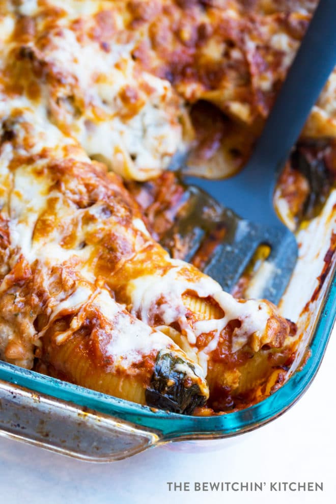 Close up of chicken ricotta stuffed shells