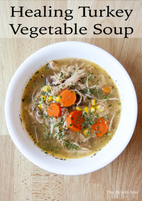 Turkey Vegetable Soup - This soup recipe will heal what ail's ya in a hurry. It's a great way to use turkey leftovers from Christmas dinner and Thanksgiving. The bone broth is healing, and the vegetables provide more nutrients. Make lots and freeze so you have back ups in a pinch! Recipe found at The Bewitchin' Kitchen.