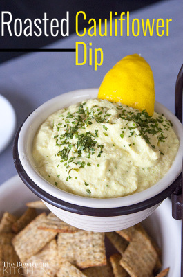 Roasted Cauliflower Dip - I love cauliflower recipes! This recipe is gluten free, packed with protein and is great for weight loss. Add this to your party appetizer recipes and dip recipes to keep full and satisfied at your next get together. Get this dip recipe and more healthy snacks visit The Bewitchin’ Kitchen.