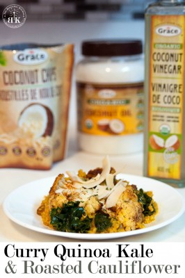 Curry Quinoa Kale and Roasted Cauliflower - This dish is a great vegetarian or vegan meal for Meatless Monday. Made with a variety of coconut products (coconut milk, coconut chips, coconut oil and coconut vinegar). The Bewitchin' Kitchen