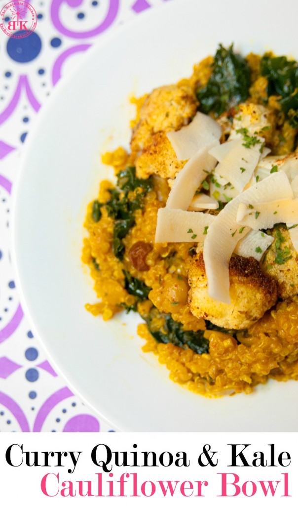 Curry Quinoa and Kale Cauliflower Bowl - This dish is a great vegetarian or vegan meal for Meatless Monday. Made with a variety of coconut products (coconut milk, coconut chips, coconut oil and coconut vinegar). The Bewitchin' Kitchen