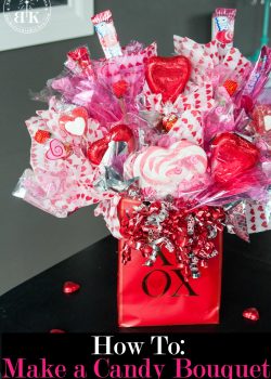 How to create a candy bouquet arrangement. This DIY gift is great for Valentine's Day, Mother's Day, Graduation, and it makes a great Father's Day gift. Tutorial found at The Bewitchin' Kitchen