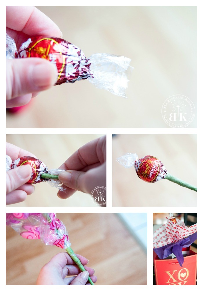 collage showing how to attach chocolates to sticks for chocolate bouquet