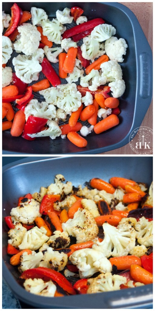 Roasted cauliflower, carrots and red bell pepper for a healthy mac and cheese recipe