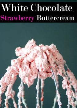 White Chocolate Strawberry Buttercream recipe - A delicious buttercream frosting recipe. This white chocolate frosting uses real strawberries and is the perfect topping for chocolate chai cupcakes (or any cake really). The Bewitchin’ Kitchen