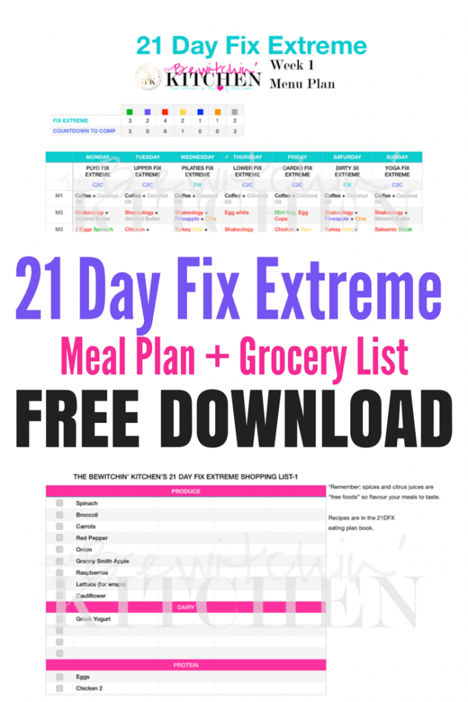 Take out the guess work and download your free copy of the 21 Day Fix Extreme meal plan and grocery shopping list from The Bewitchin Kitchen. This makes it so much easier to lose weight and get fit doing the 21 Day Fix!
