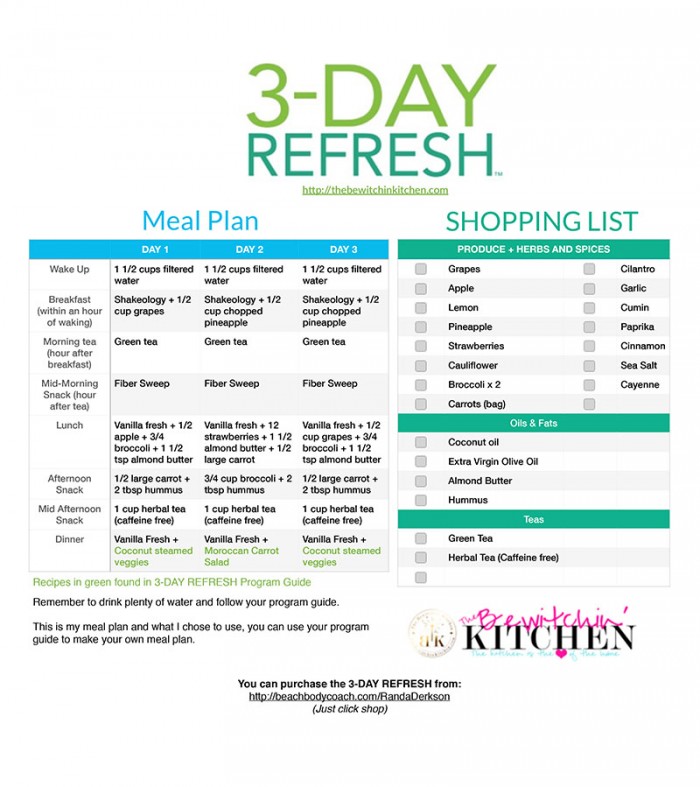 3 Day Refresh Meal Plan and Shopping List FREE download from The Bewitchin' Kitchen