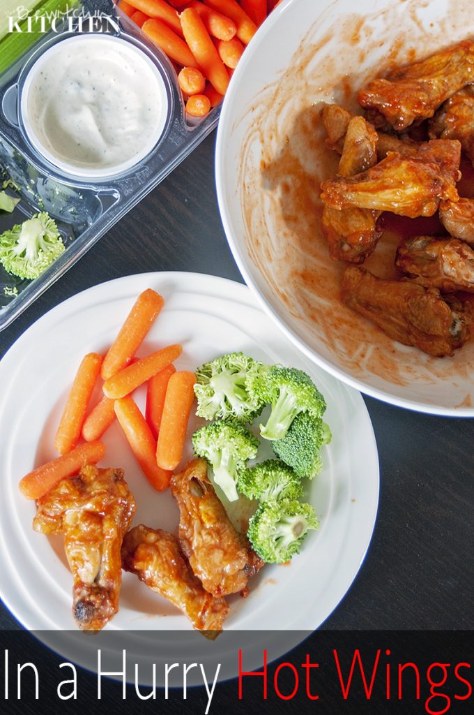 Looking for a fast weeknight dinner idea? These hot wings in a hurry are perfect served with some veggies. Healthy hot wings in only twenty minutes with no prep from The Bewitchin’ Kitchen.