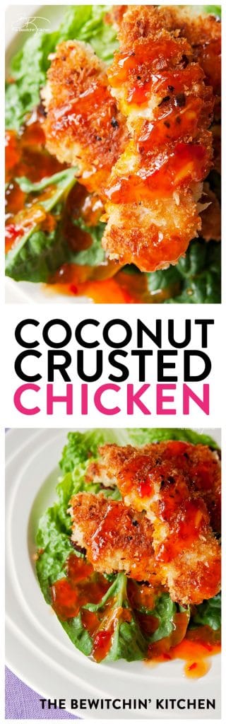 Coconut Crusted Chicken with Thai Chili Sauce. This coconut chicken recipe is an easy and fast meal. It's one of my favorite dinner recipes. | The Bewitchin' Kitchen