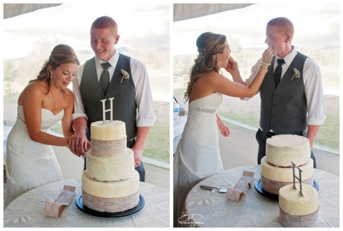 DIY wedding cake. This three tiered wedding cake is fake on the bottom and top, with two vanilla lemon cakes in the middle. Wrapped with a burlap and lace trim for a rustic wedding feel. Here's how I did it.