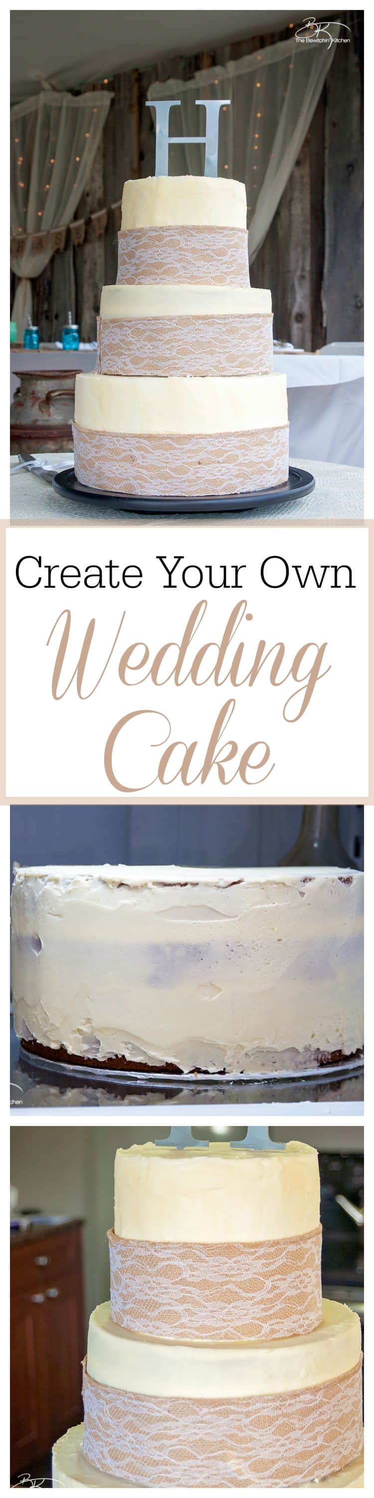 DIY wedding cakes. This three tiered diy wedding cake is fake on the bottom and top, with two vanilla lemon cakes in the middle. Wrapped with a burlap and lace trim for a rustic wedding feel. Here's how I did it.