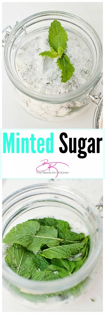 Minted Sugar recipe. Sprinkle on fruit for desserts, fruit salad, flavored whipped cream, sugar rimmed glasses for cocktails, tea and homemade iced tea recipes. | The Bewitchin' Kitchen