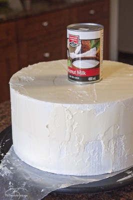 Use a soup can for your styrofoam DIY wedding cake. This three tiered wedding cake is fake on the bottom and top, with two vanilla lemon cakes in the middle. Wrapped with a burlap and lace trim for a rustic wedding feel. Here's how I did it.