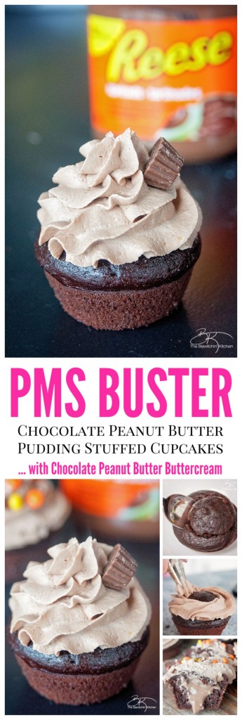 The PMS Buster - Chocolate Peanut Butter Filled Cupcakes with the world's best buttercream recipe: Chocolate Peanut Butter Frosting. These Chocolate Peanut Butter Cupcakes are a must try dessert recipe!