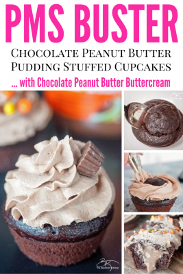 The PMS Buster - Chocolate Peanut Butter Filled Cupcakes with the world's best buttercream recipe: Chocolate Peanut Butter Frosting. Must try dessert recipe!