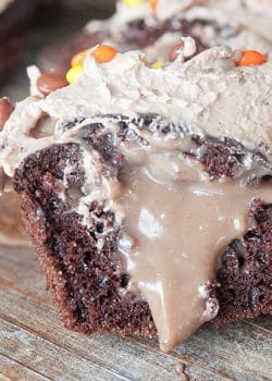 The PMS Buster - Chocolate Peanut Butter Filled Cupcakes with the world's best buttercream recipe: Chocolate Peanut Butter Frosting. Must try dessert recipe!