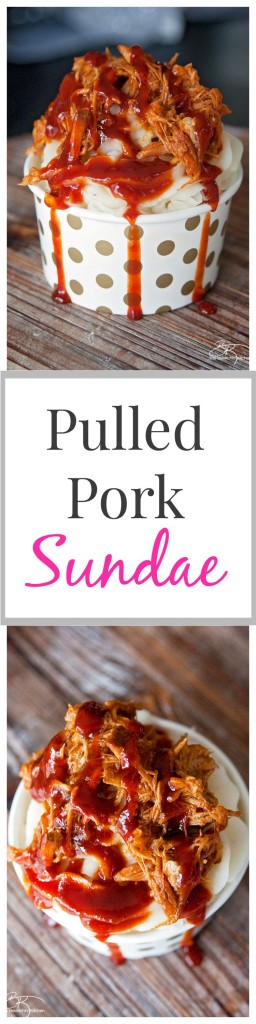 Well this is a fun play on food: Pulled Pork Sundae recipe. Whipped garlic potatoes, slow cooked pulled pork and tangy BBQ sauce. | The Bewitchin' Kitchen