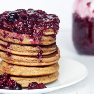 Carrot Cake Pancakes with 3 Berry Chia Jam - this gluten free and grain free pancake recipe is the ultimate breakfast (or brunch). Made with Epicure products, this is a new favorite recipe! thebewitchinkitchen.com
