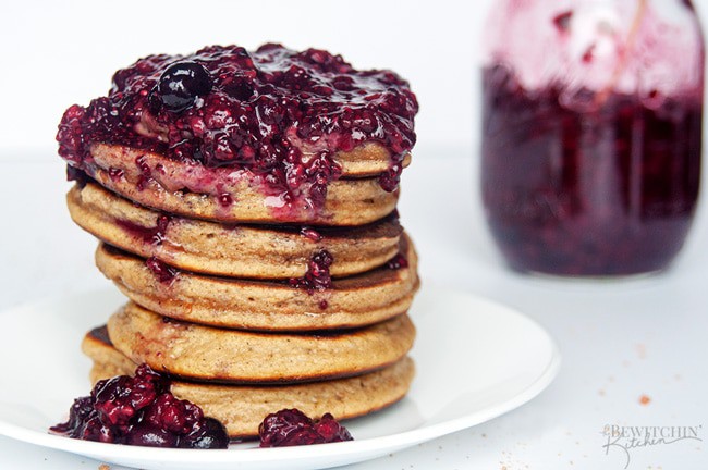 Carrot Cake Pancakes with 3 Berry Chia Jam - this gluten free and grain free pancake recipe is the ultimate breakfast (or brunch). Made with Epicure products, this is a new favorite recipe! thebewitchinkitchen.com